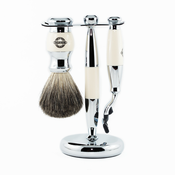 OT – SET RASOIO MACH3, PENNELLO PURE BADGER, STAND – AVORIO